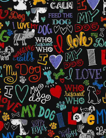 I Love My Dog Black fabric by Gail Cadden for Timeless Treasures – colorful dog-themed words on black cotton.