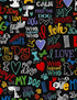 I Love My Dog Black fabric by Gail Cadden for Timeless Treasures – colorful dog-themed words on black cotton.