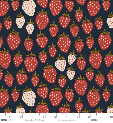 Under the Apple Tree Queen of Berries Starry Night Unbleached Canvas Fabric by Loes Van Oosten for Cotton + Steel featuring red and cream strawberries on navy background.