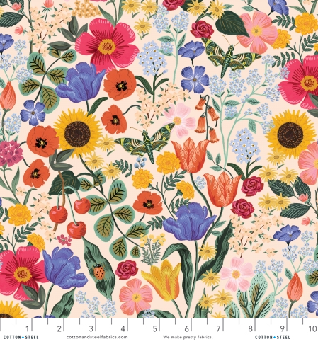 Curio Blossom Blush digiprint cotton fabric by Rifle Paper Co. for Cotton + Steel featuring soft pink floral blossoms.