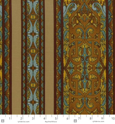 Miyako Border Yellow Fabric by Jinny Beyer – Asian-style geometric and floral border cotton print for RJR Fabrics.