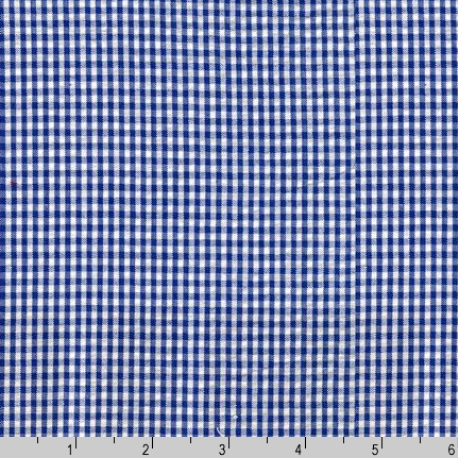 Seersucker Check Royal Fabric by Robert Kaufman – lightweight cotton/poly blend with royal blue checks and puckered texture.