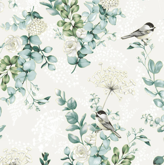 Chickadee Cheer – Chickadees and Flowers Natural with Gold Metallic Fabric by Hoffman Fabrics