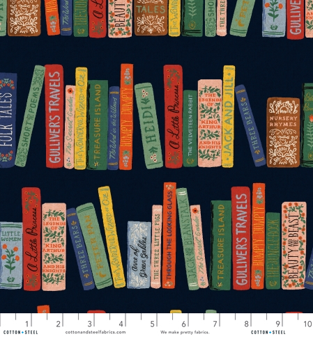 Curio Book Club Navy Canvas Metallic Fabric by Rifle Paper Co. for Cotton + Steel – bookshelf print with metallic accents on deep navy cotton-linen canvas.