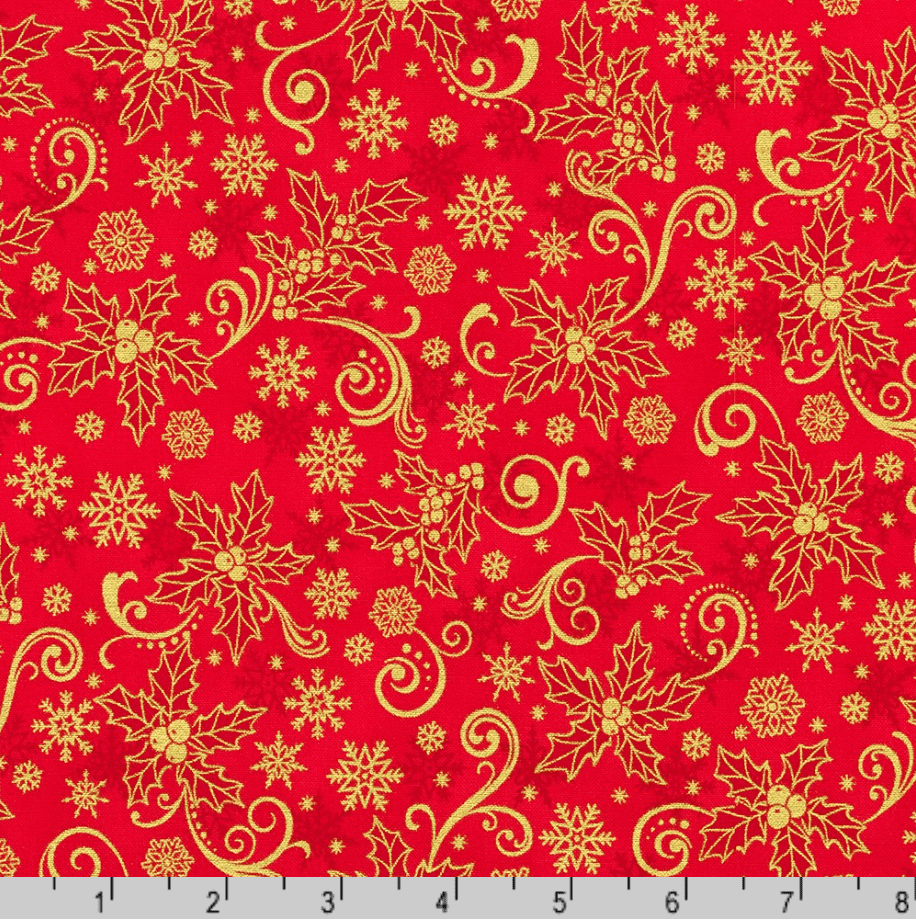 Traditional Trimmings - Gold Swirls Snowflakes Red