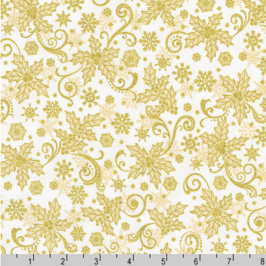 Traditional Trimmings Gold Swirls & Snowflakes on Ivory Fabric by Robert Kaufman – metallic cotton holiday fabric.