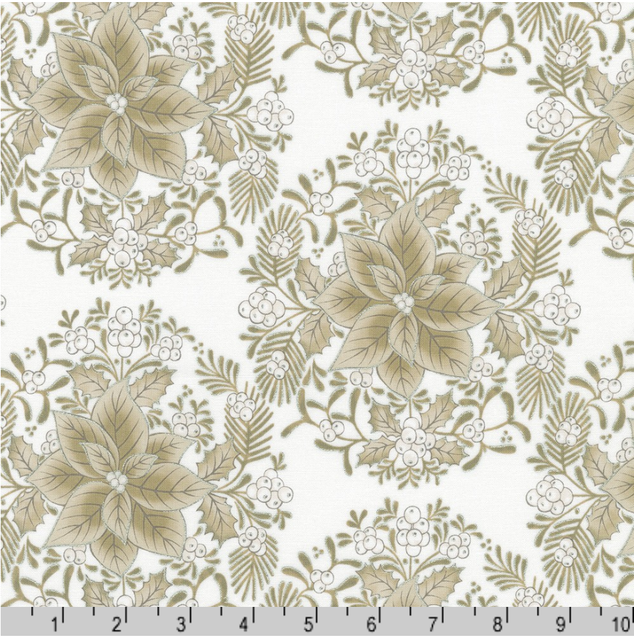 Holiday Flourish Florals Dove cotton fabric by Studio RK for Robert Kaufman – dove-gray with silver metallic floral print, 43–44″