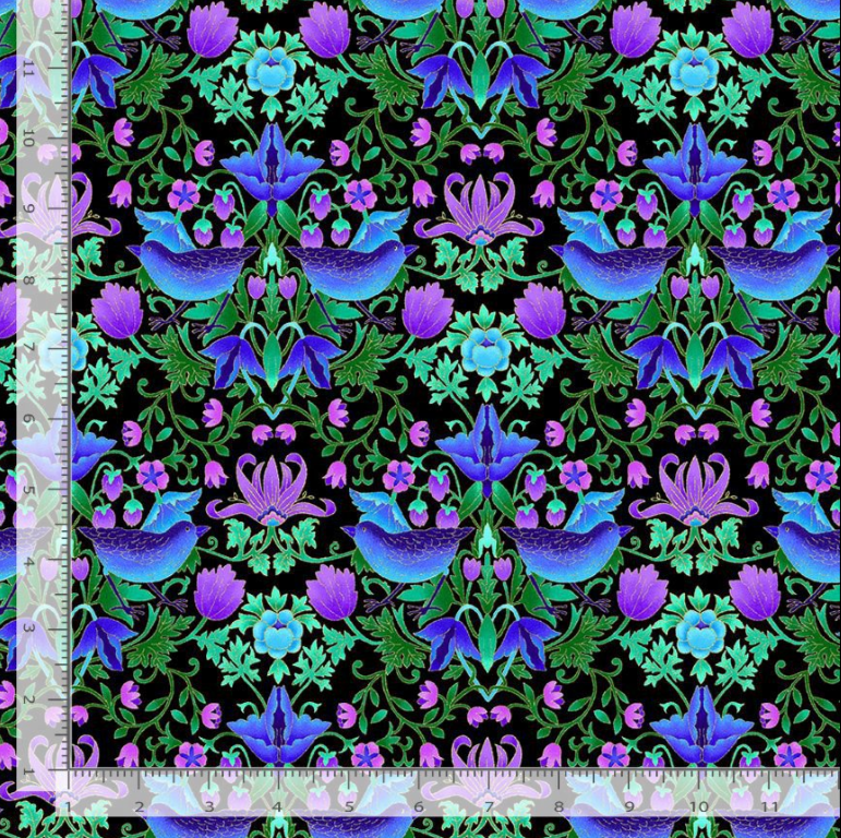 Luminous - Floral With Birds Metallic - Timeless Treasures