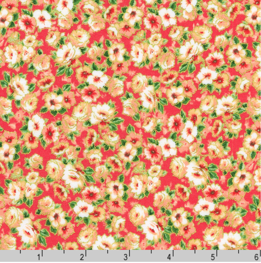 Decadent Garden - Small Florals Coral Metallic Yardage