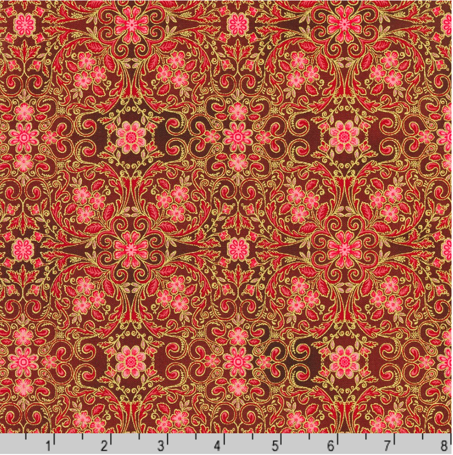 Decadent Garden - Florals Swirls Red Metallic Yardage