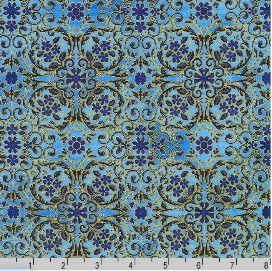 Decadent Garden - Florals Swirls Blue Metallic Yardage