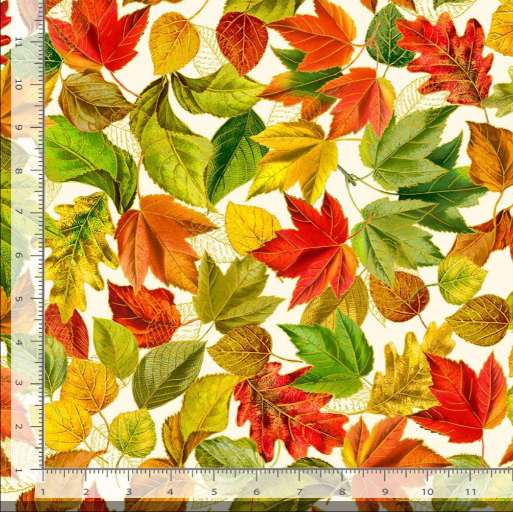 Fall is in the Air - Metallic Fall Leaves Cream Yardage