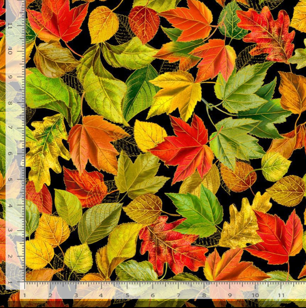 Fall is in the Air - Metallic Fall Leaves Black Yardage