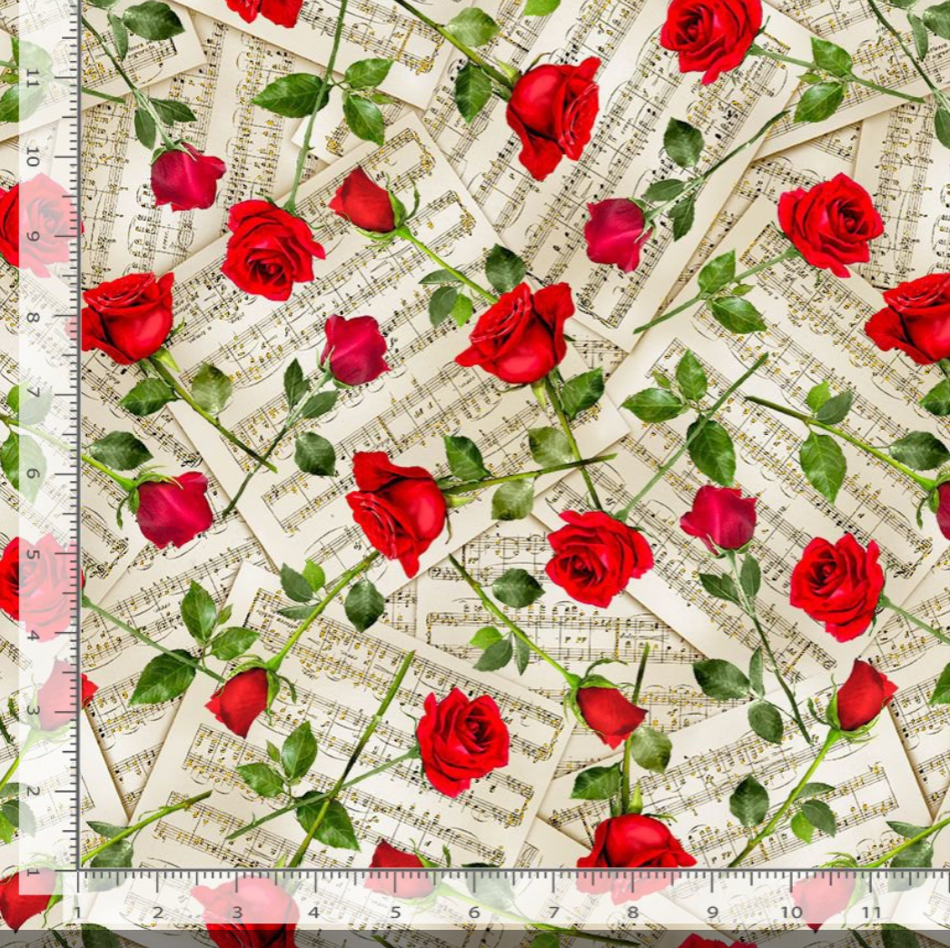 Classical Music - Roses on Music Sheets Metallic Yardage