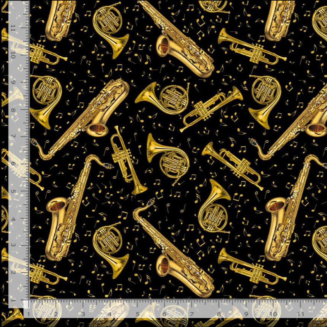 Classical Music - Tossed Brass Instruments Metallic Yardage