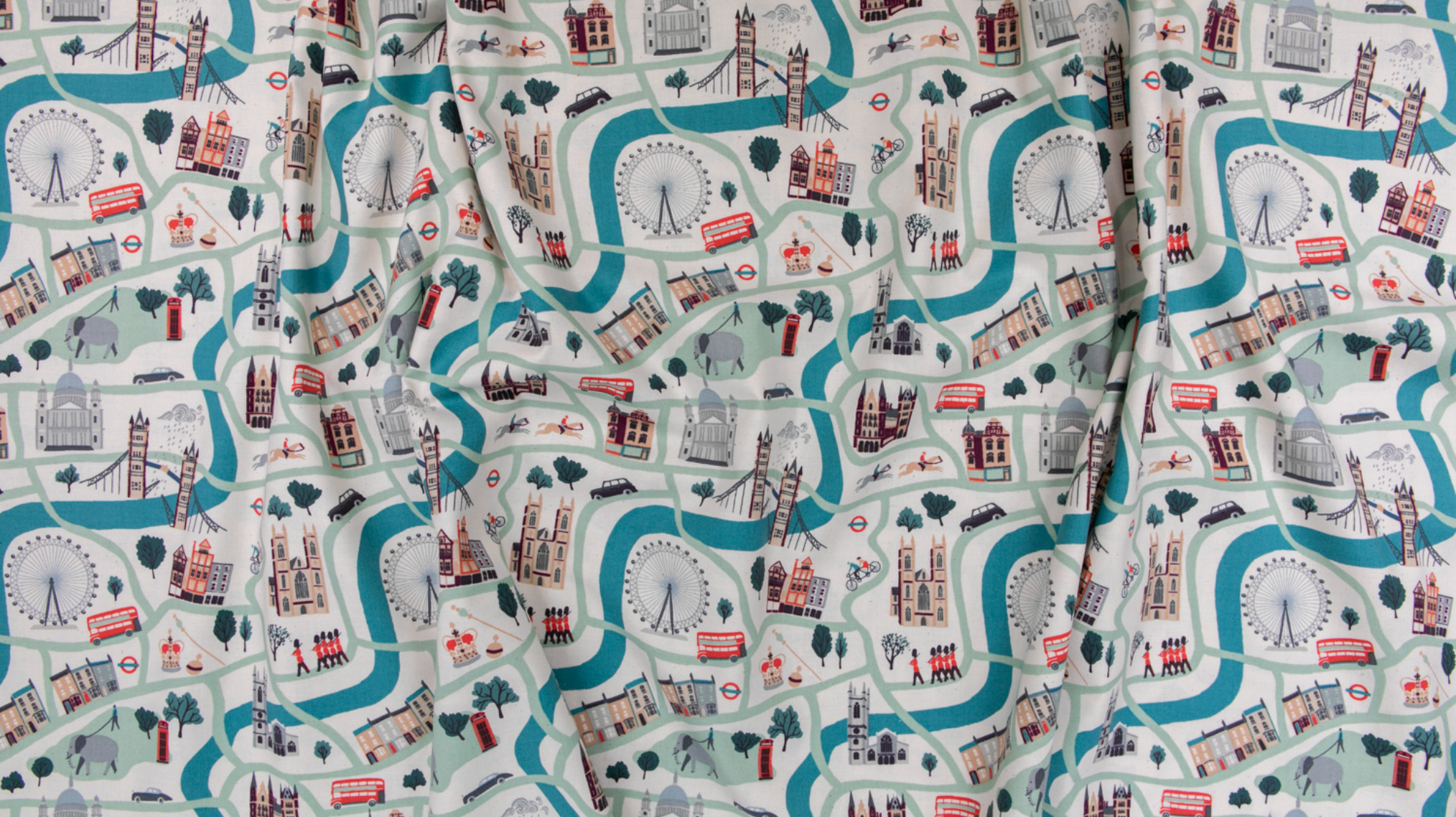 London Town London Forever White Unbleached Fabric by Sara Mulvanny for Cotton + Steel – illustrated city map print with London landmarks.