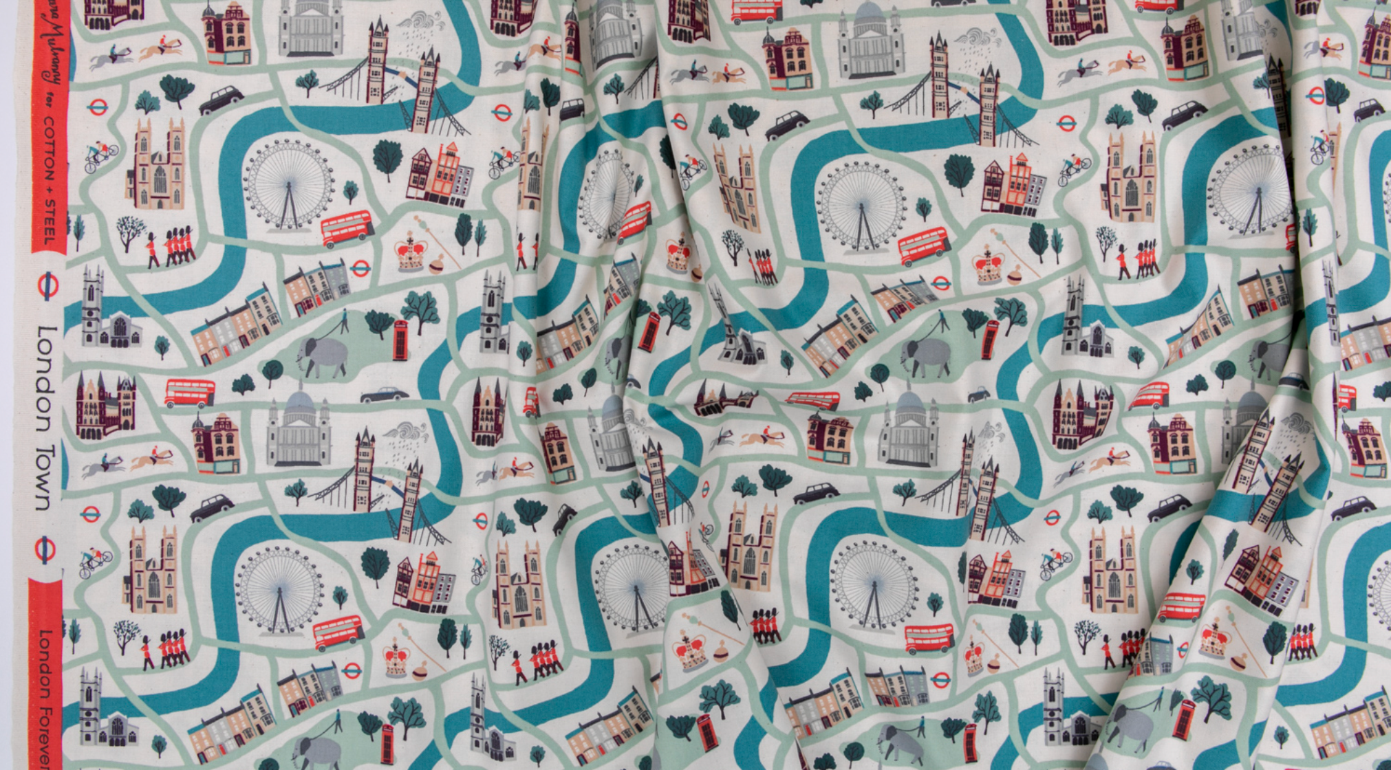 London Town London Forever White Unbleached Fabric by Sara Mulvanny for Cotton + Steel – illustrated city map print with London landmarks.