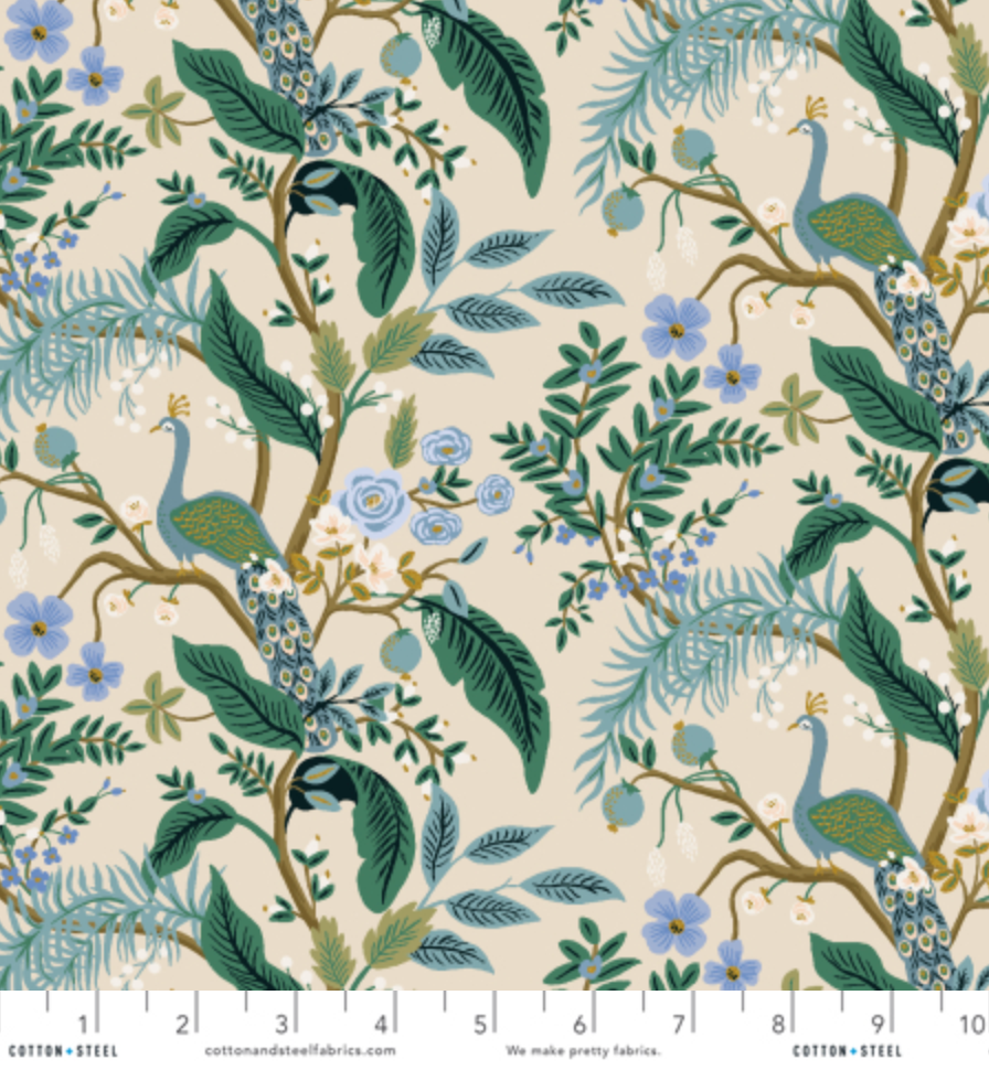 Vintage Garden - Peacock - Cream Metallic Yardage