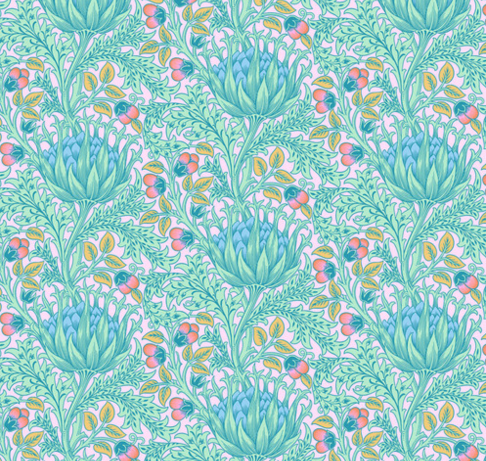 Artichoke – Lavender 108” quilt backing fabric featuring William Morris floral design reimagined by Kaffe Fassett in purple and lavender tones.