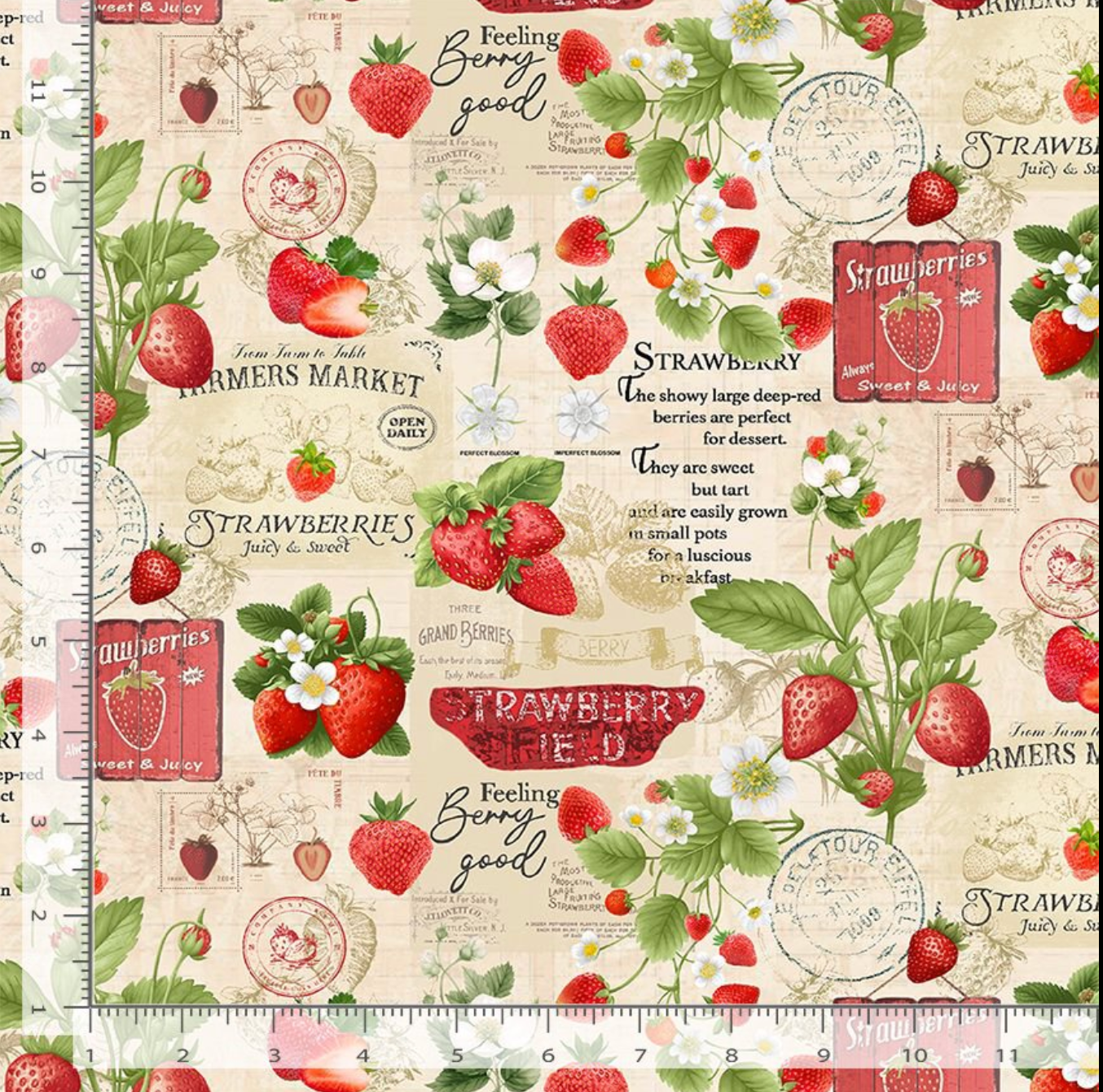 Berry Sweet Strawberries Market Collage Beige Fabric by Timeless Treasures – digitally printed red strawberry and market text design on beige cotton