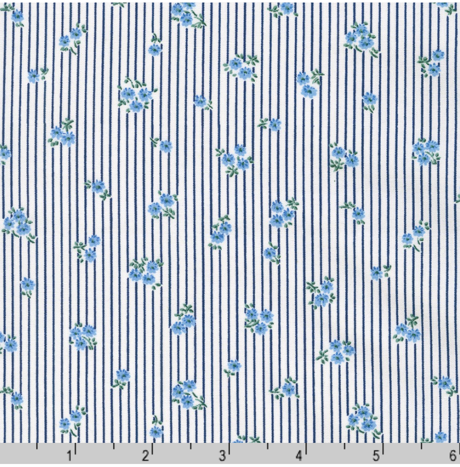 Sevenberry Petite Garden Blues - Floral Stripes Sky Blue Yardage