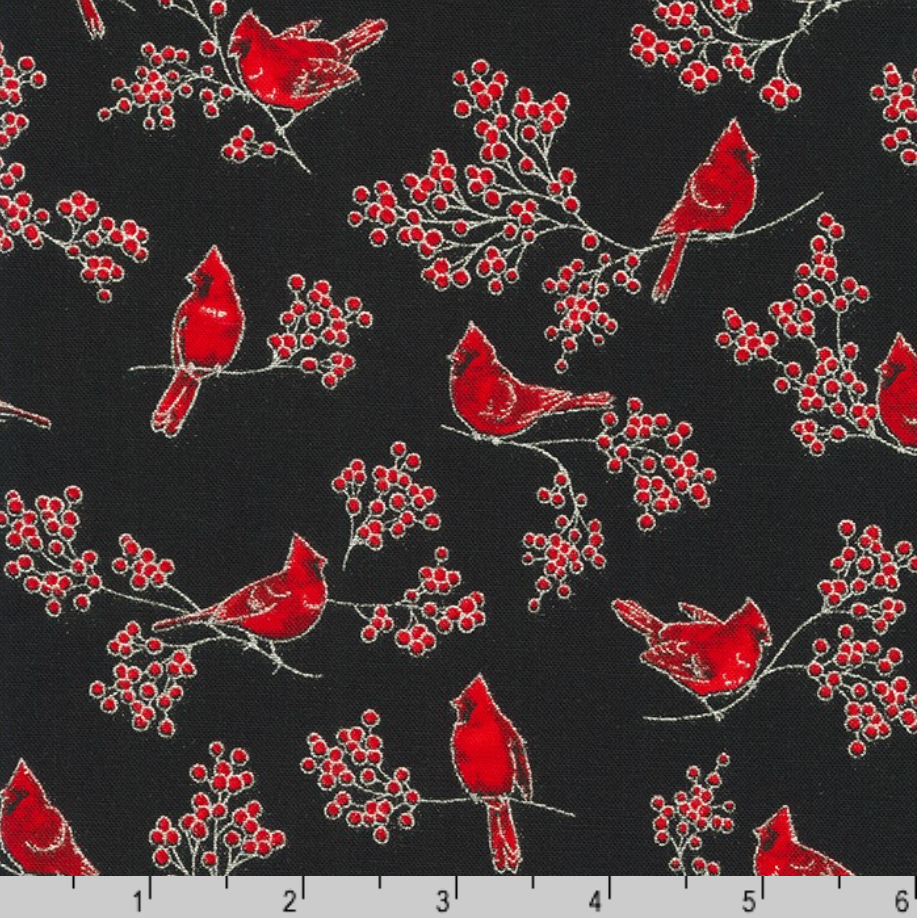 Holiday Charms - Birds Onyx Silver Metallic Yardage
