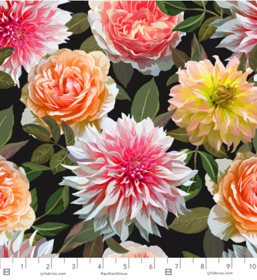 Enchanted Field Dreaming of Dahlias Pink Glow quilting cotton by RJR Studio – vibrant pink and peach dahlias on black background, 43–44″ wide