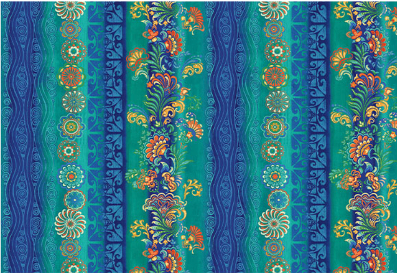 Atlantis Ocean Stripe quilt cotton by Benartex – teal and blue stripes featuring coral, shells, scrolls, and mermaid motifs, 43–44″ wide