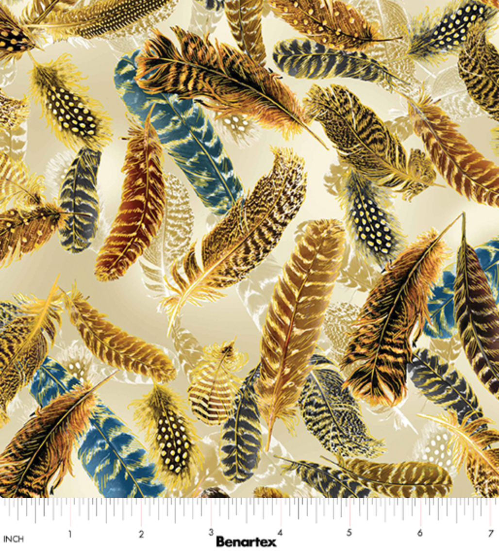 Cream fabric with gold metallic feathers – Gilded Feathers by Kanvas Studio
