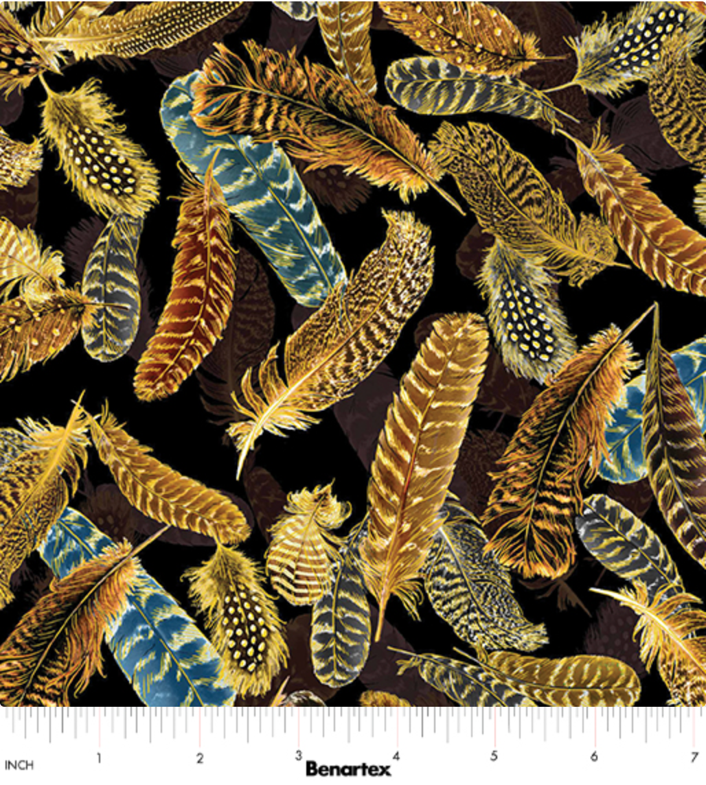 Black fabric with gold metallic feather design – Harvest Festival by Kanvas Studio