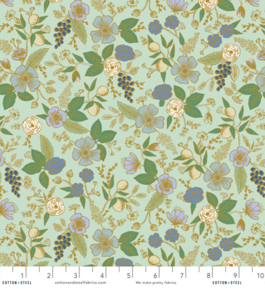 Orchard – Colette – Mint Metallic floral quilting cotton by Rifle Paper Co. for Cotton + Steel Fabrics