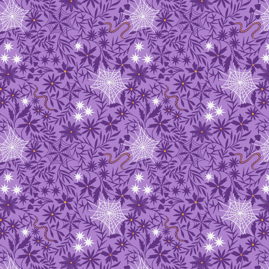 Witchy Woods - Floral Cobwebs on Light Purple Glow in the Dark Yardage