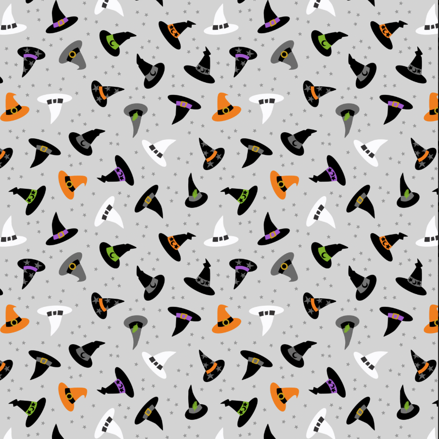 Witchy Woods - Witches Hats on Ghostly Grey Glow in the Dark Yardage