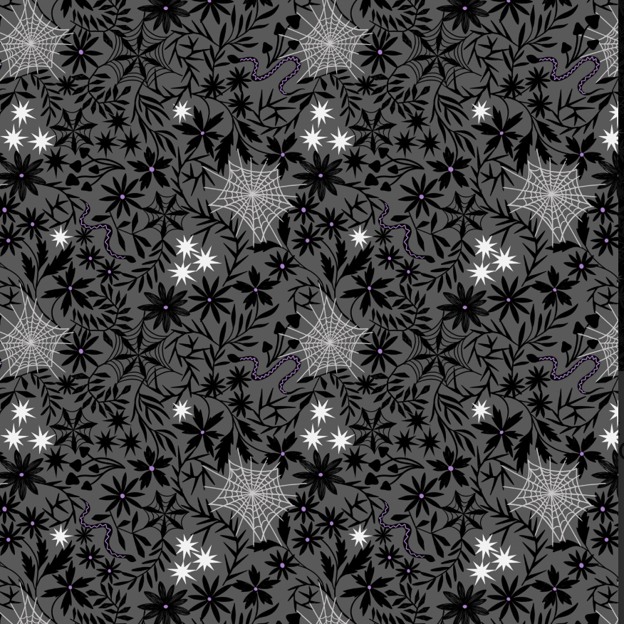 Witchy Woods - Floral Cobwebs on Grey Glow in the Dark Yardage