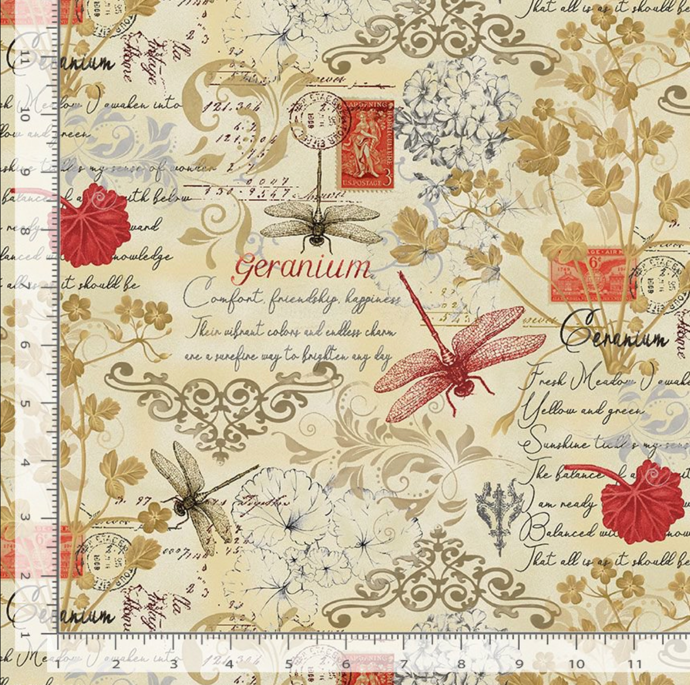 Scarlet Beauty - Text and Floral Cream Yardage
