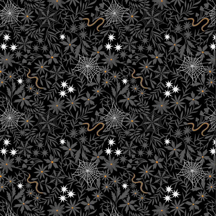 Witchy Woods - Floral Cobwebs on Black Glow in the Dark Yardage