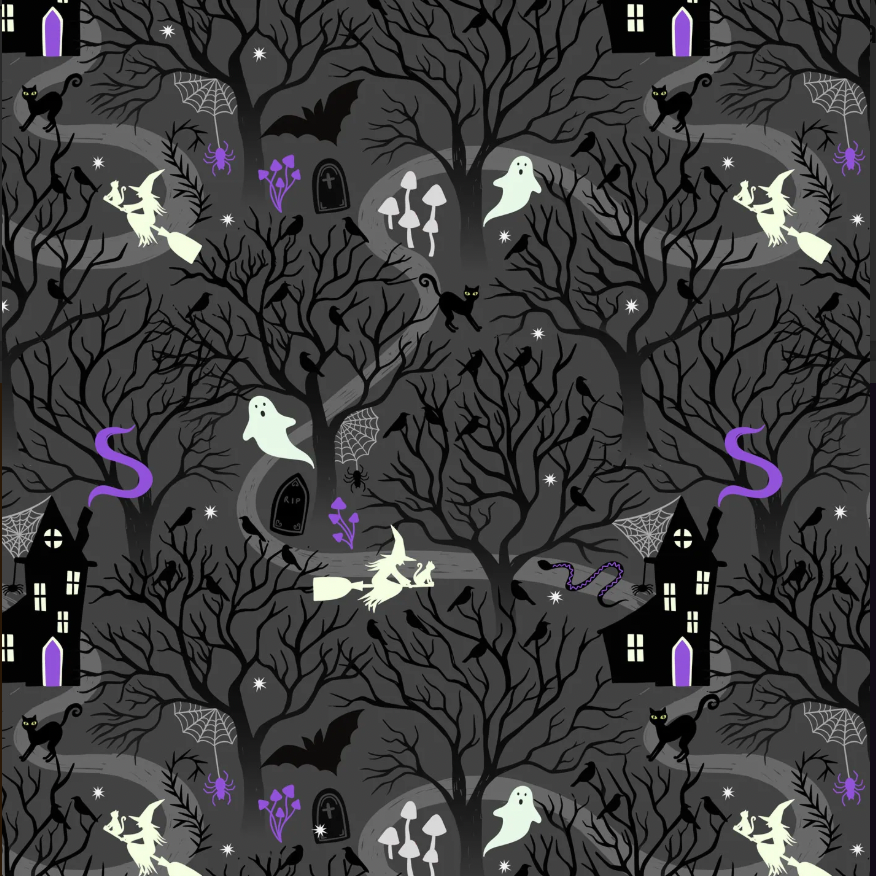 Witchy Woods on Dark Grey Glow in the Dark Yardage