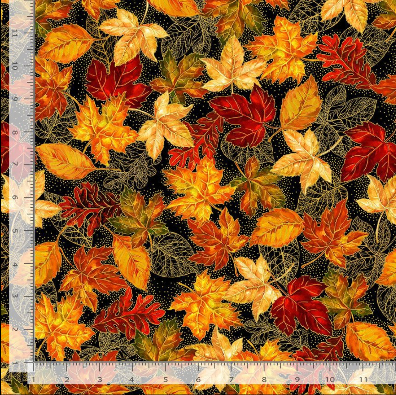 Fall Leaves Metallic Fabric by Timeless Treasures featuring autumn leaves with gold accents on black background