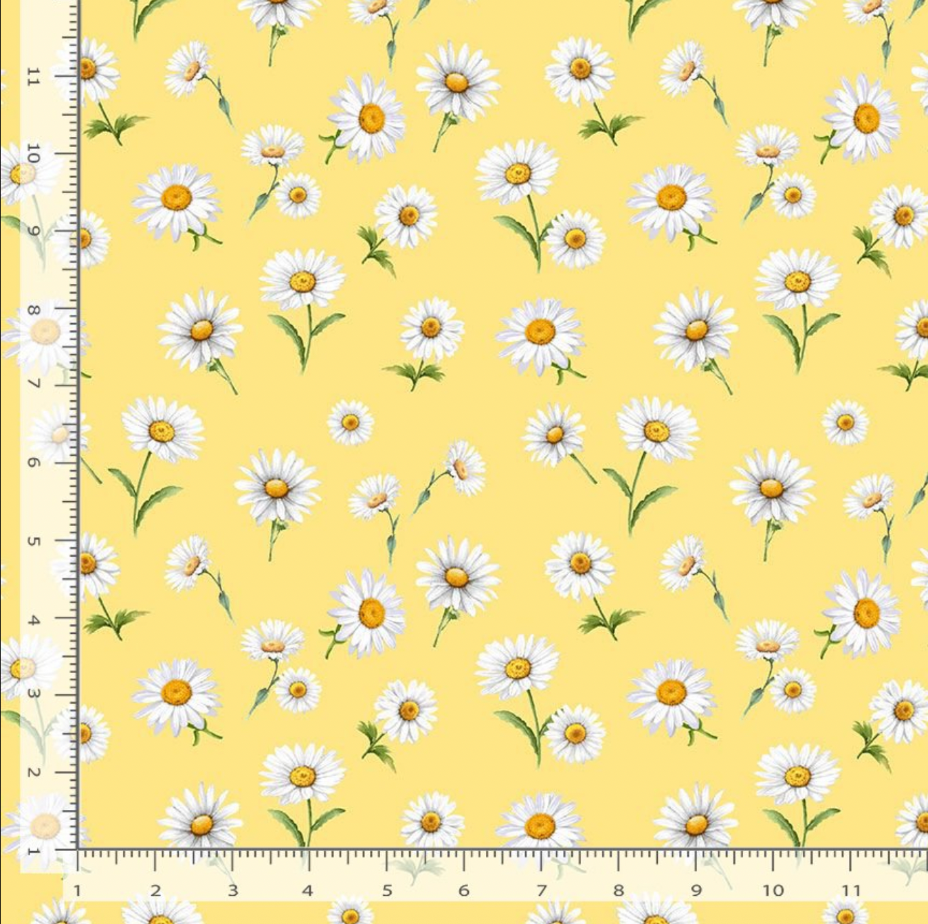 Yellow fabric with spaced white daisies from Bee & Bee Kind by Timeless Treasures
