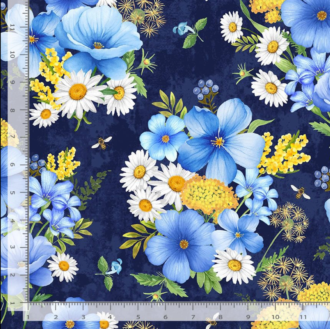 Navy fabric with colorful floral bouquets and bees from Bee & Bee Kind by Timeless Treasures