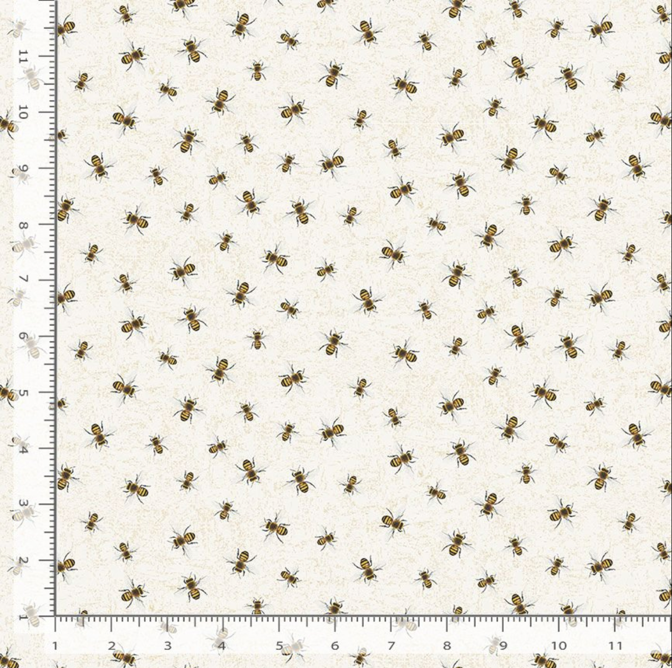 Flying bees on cream background cotton fabric from Bee & Bee Kind collection, perfect for quilting and crafts.