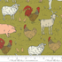 Farmstead - Farm Animal Meadow 20903 19 fabric featuring charming farm animal illustrations on an olive green background, 100% cotton by Moda Fabrics