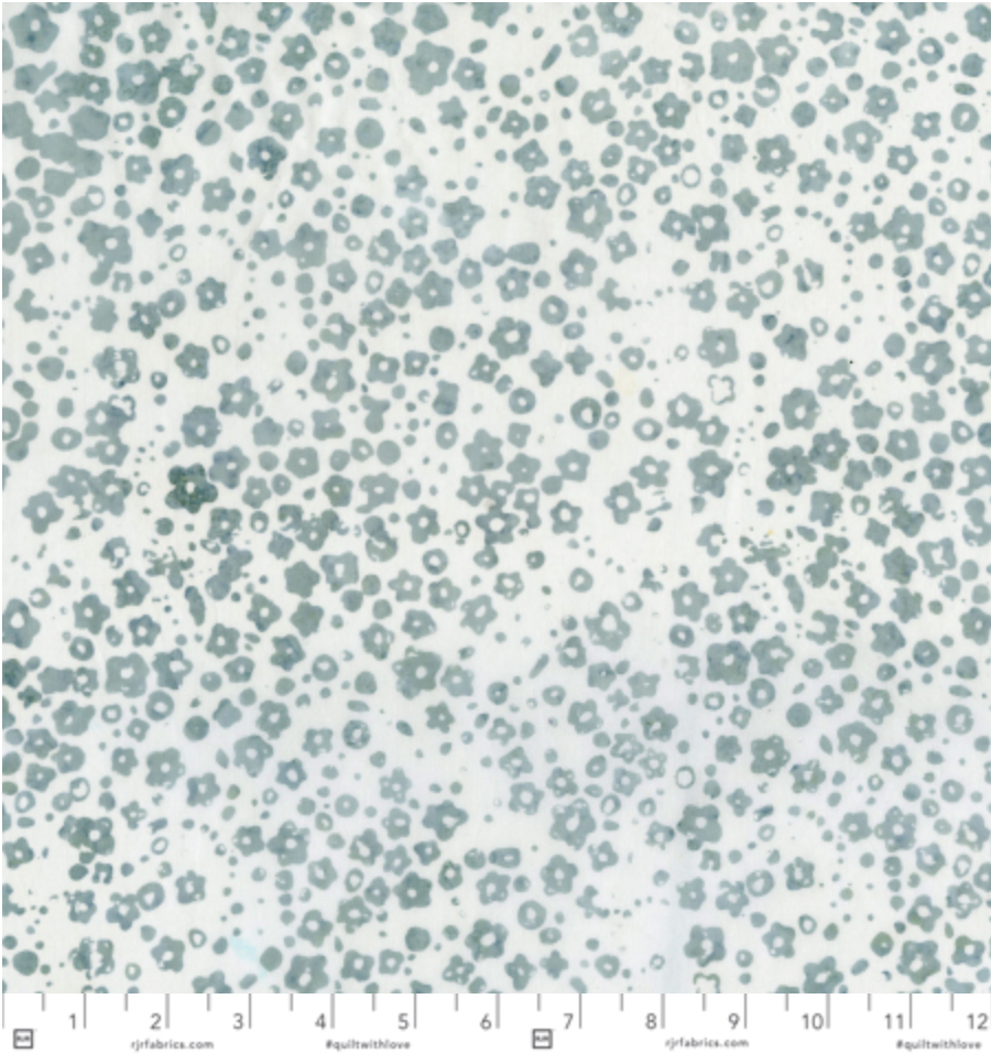 Blossom Batiks – Queen Anne’s Batik Fabric by RJR Fabrics, featuring White, Gray, and Pastel Petit Flower patterns on premium cotton.