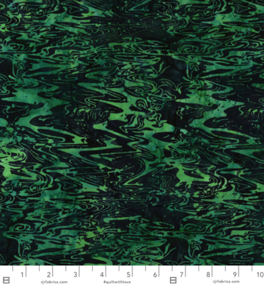 Blossom Batiks – Waves – Green River batik fabric by Flaurie & Finch for RJR Fabrics, featuring gentle wave patterns in lush green hues on premium cotton.