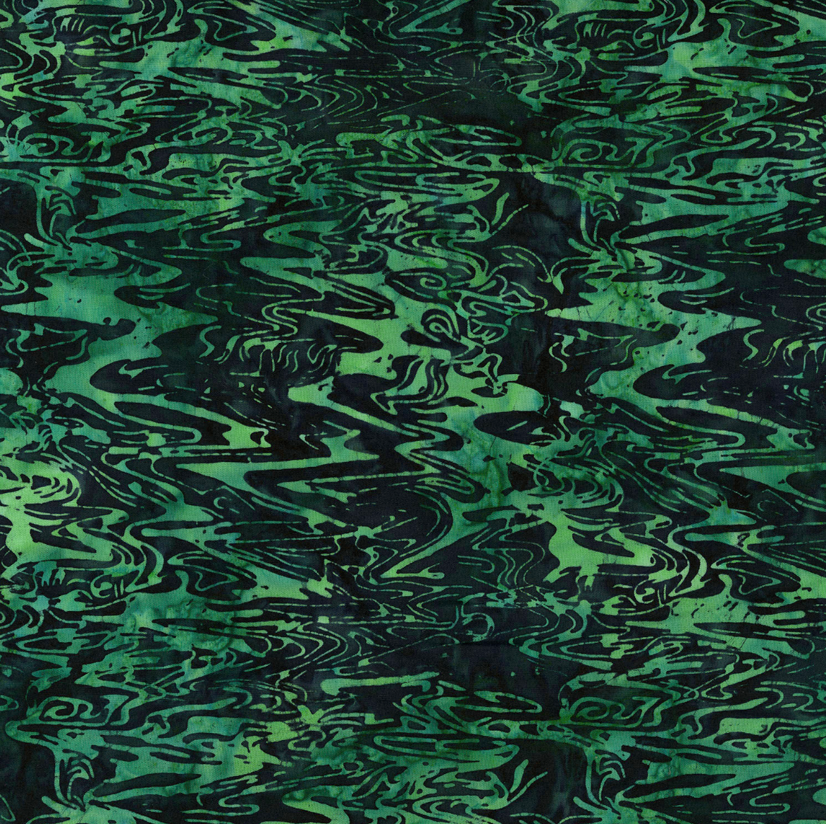 Blossom Batiks – Waves – Green River batik fabric by Flaurie & Finch for RJR Fabrics, featuring gentle wave patterns in lush green hues on premium cotton.