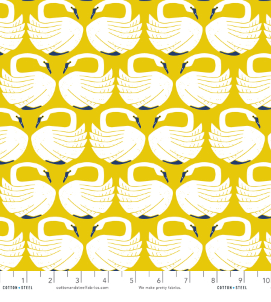 On a Spring Day – Loving Swans – Sundance fabric featuring white swans on a mustard-yellow background by Loes van Oosten for Cotton+Steel.