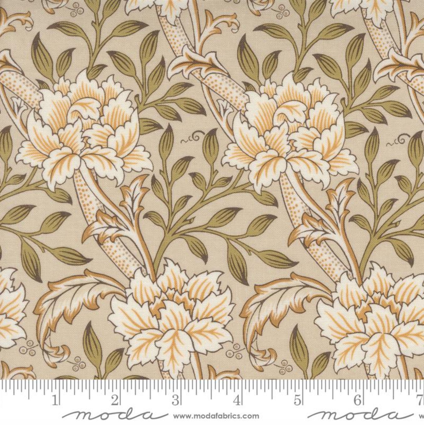 Morris Manor Hammersmith Florals Porcelain fabric – elegant vintage floral print by Barbara Brackman for Moda Fabrics (8393 11).