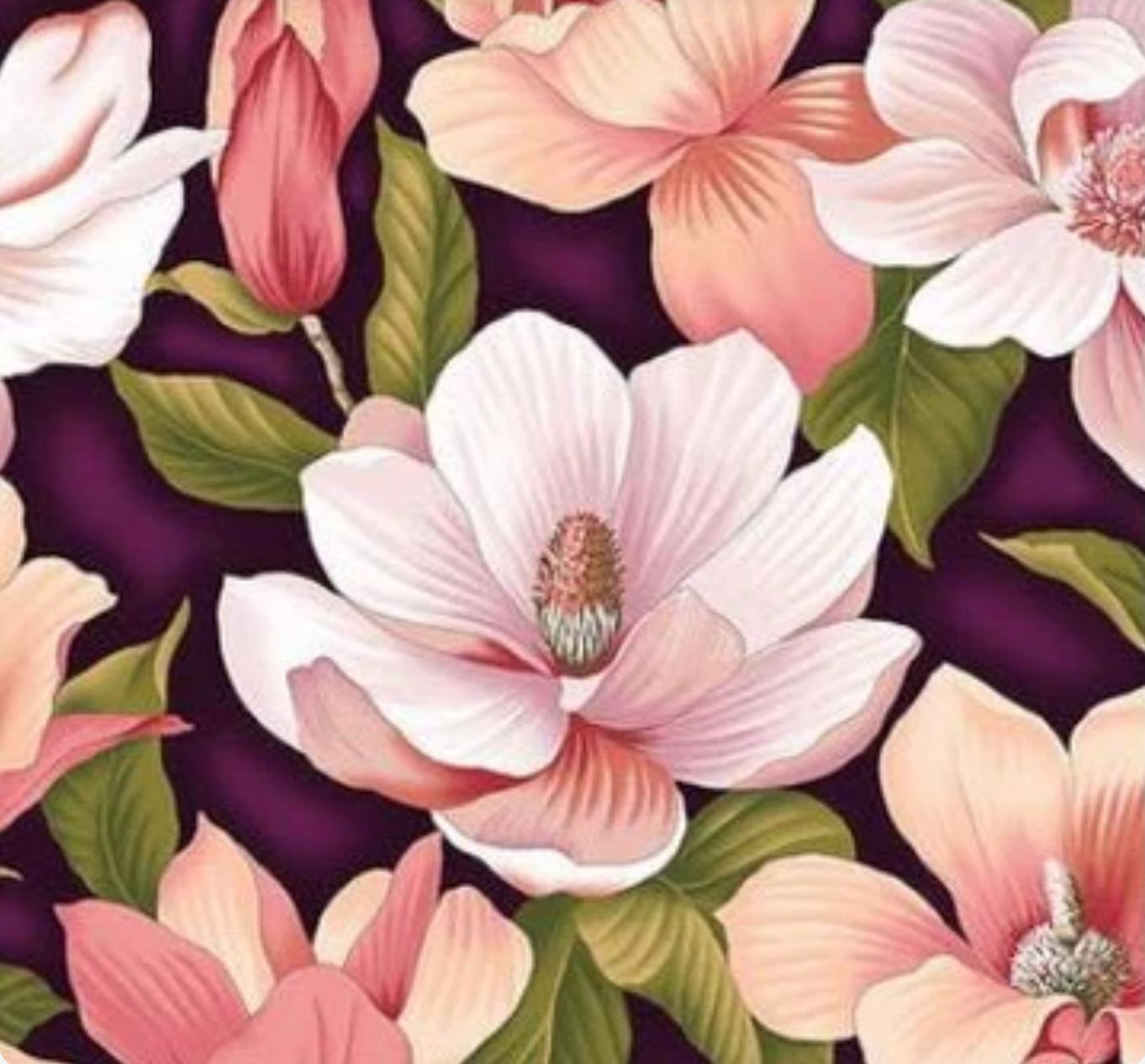 Magnolia floral print in cream and pink on a rich aubergine purple background from the Flower Festival collection by Benartex.