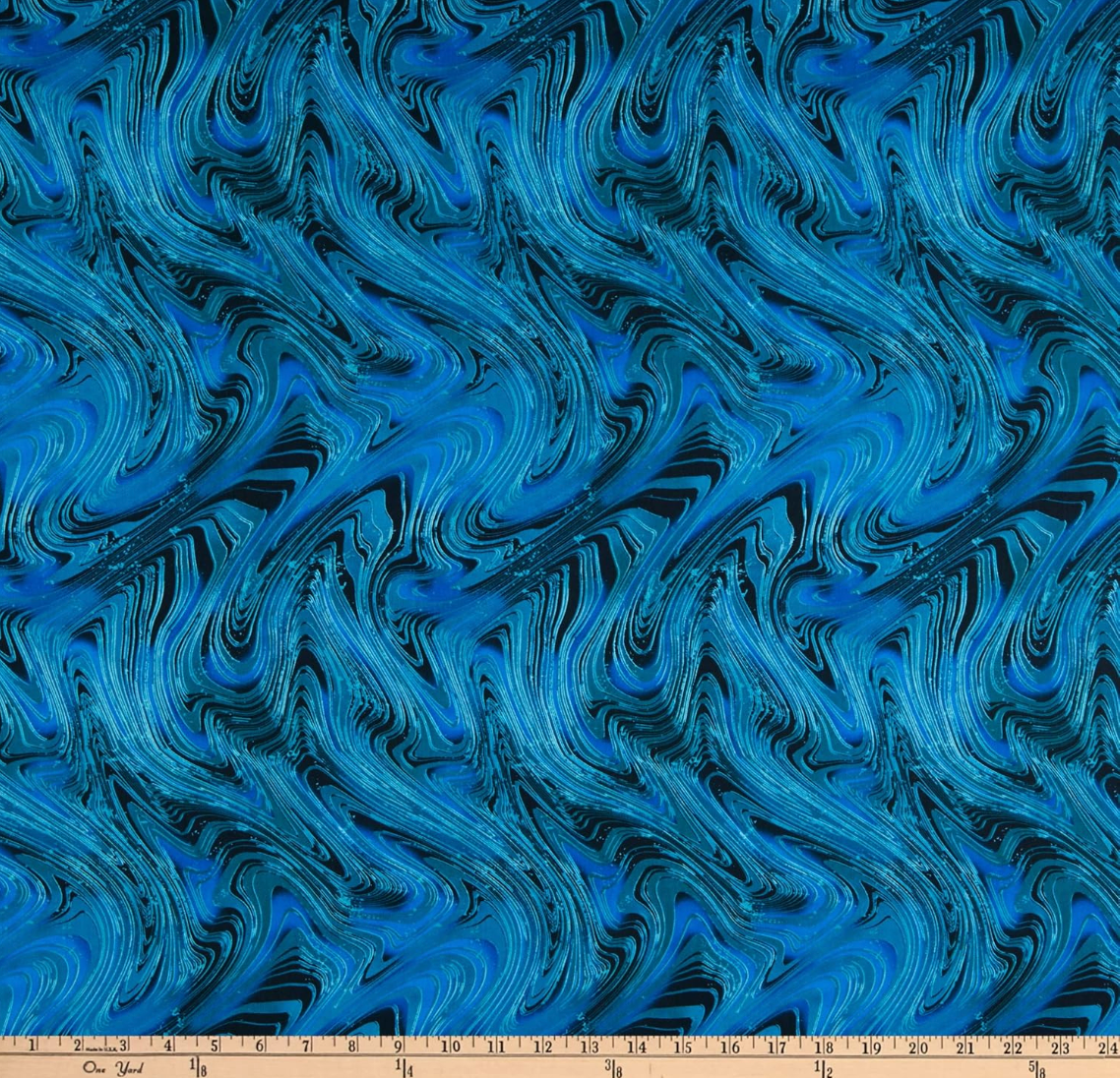 Petal Paradise Marble Swirl Black Turquoise fabric by Kanvas Studio – bold marbled cotton fabric with swirling turquoise on black, SKU 9874-84.