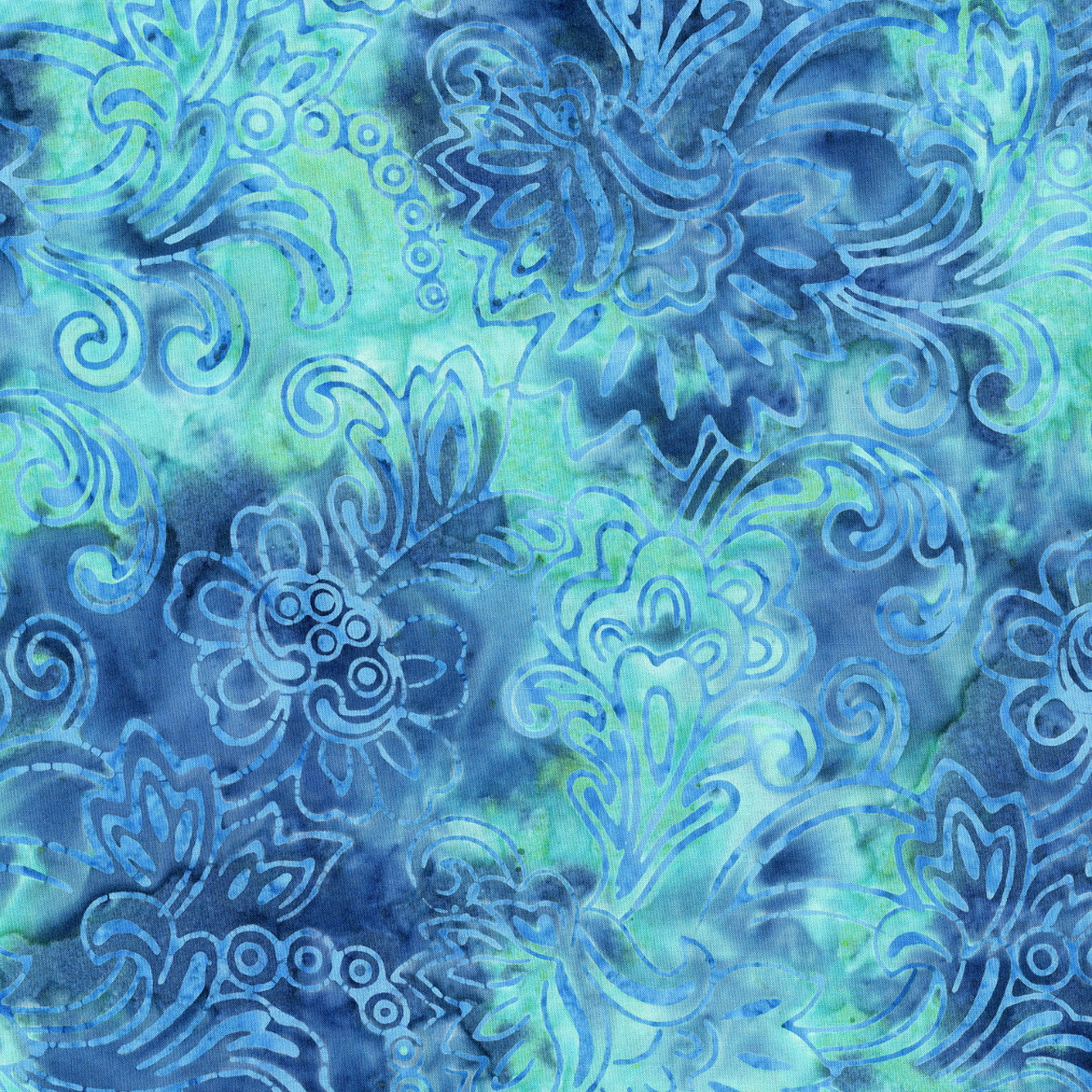 Teal batik fabric with Jacobean floral pattern – Malam Batiks V by Jinny Beyer.